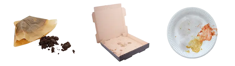 Food Soiled Paper Examples: coffee filter, greasy pizza box, and paper plate
